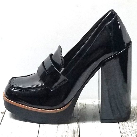 New Black Patent Square Toe Platform Penny Loafers Chunky Heels - Picture 2 of 4